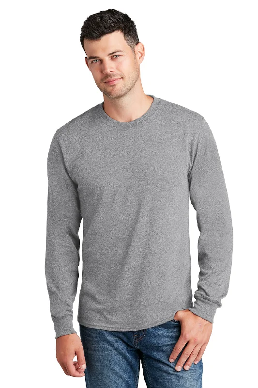 Men's short-sleeve sporty subtle-velvety top-Port & Company Mens Core Long Sleeve Crewneck T-Shirt - Heather Grey