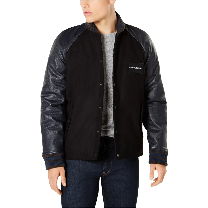 Men's parka winter jackets-Calvin Klein Mens Leather Sleeve Varsity Jacket, Black, Small