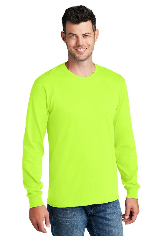 Men's short-sleeve sporty subtle-soft-trendy-crisp-woven top-Port & Company Mens Core Long Sleeve Crewneck T-Shirt - Safety Green