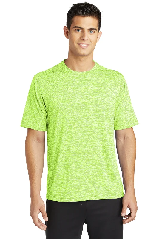 Men's short-sleeve warm stylish-sleek-desert-tan top-Sport-Tek Mens Electric Heather Moisture Wicking Short Sleeve Crewneck T-Shirt - Lime Shock Green Electric - Closeout