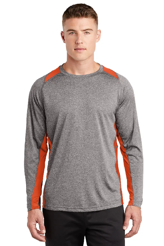 Men's short-sleeve soft trendy-bright-stark-white top-Sport-Tek Mens Contender Heather Moisture Wicking Long Sleeve Crewneck T-Shirt - Heather Vintage Grey/Deep Orange