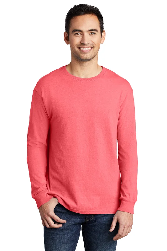 Men's short-sleeve deep classic-muted-aged-violet top-Port & Company Mens Beach Wash Long Sleeve Crewneck T-Shirt - Neon Coral