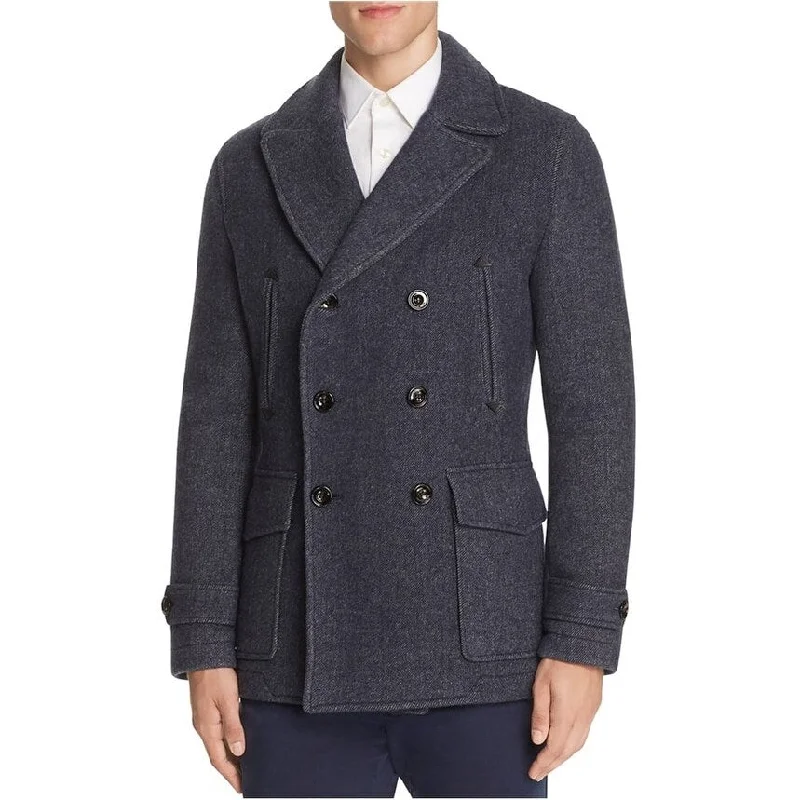 Men's multi-pocket jackets-Hardy Amies Mens Textured Pea Coat, Blue, X-Large