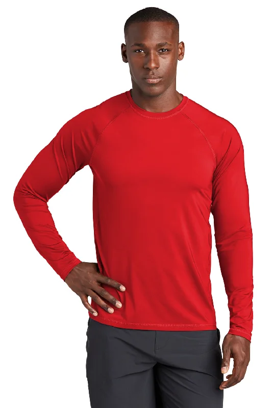 Men's short-sleeve neutral sheen-silk tee-Sport-Tek Mens Rashguard Moisture Wicking Long Sleeve Crewneck T-Shirt - True Red - Closeout