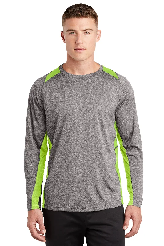 Men's short-sleeve vibrant tropical-voyage top-Sport-Tek Mens Contender Heather Moisture Wicking Long Sleeve Crewneck T-Shirt - Heather Vintage Grey/Lime Shock Green