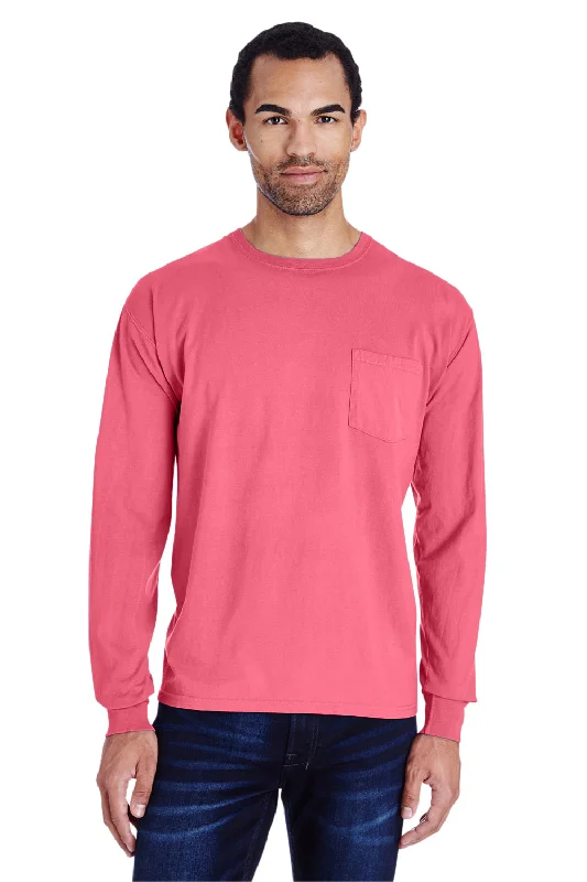 Men's short-sleeve neutral casual-open-white shirt-ComfortWash By Hanes Mens Long Sleeve Crewneck T-Shirt w/ Pocket - Crimson Fall