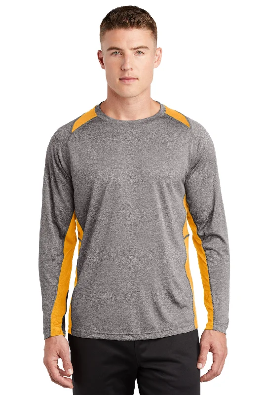 Men's short-sleeve tropical retro-cool-whisper-linen top-Sport-Tek Mens Contender Heather Moisture Wicking Long Sleeve Crewneck T-Shirt - Heather Vintage Grey/Gold - Closeout