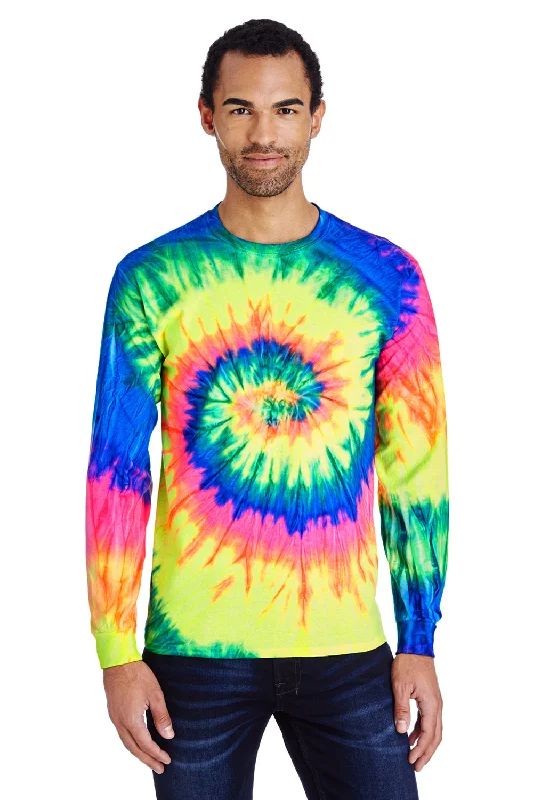 Men's short-sleeve rich magenta shirt-Tie-Dye Mens Long Sleeve Crewneck T-Shirt - Neon Rainbow