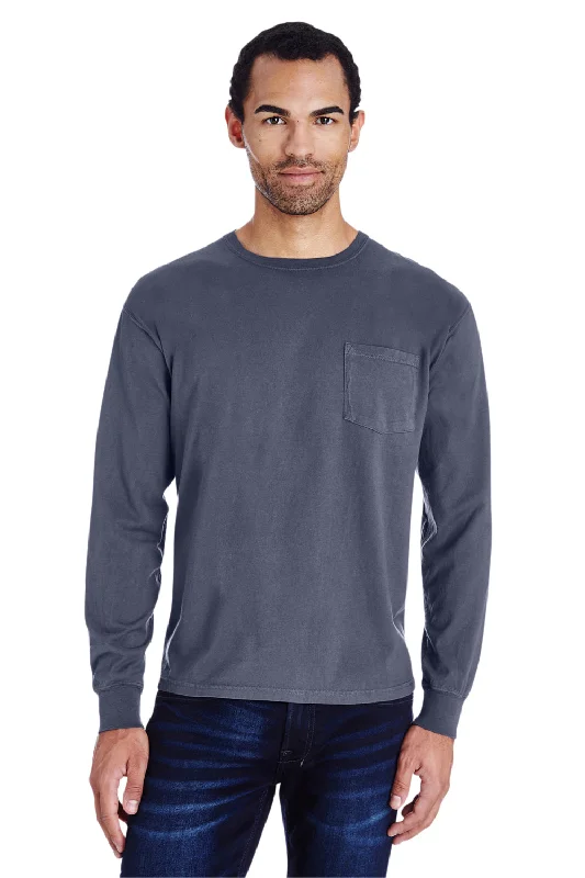 Men's short-sleeve urban yachting shirt-ComfortWash By Hanes Mens Long Sleeve Crewneck T-Shirt w/ Pocket - Anchor Slate Blue