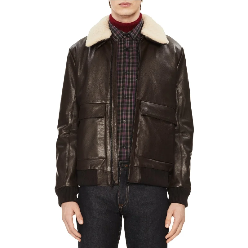 Men's trendy winter jackets-Calvin Klein Mens Sherpa Trim Leather Jacket, Brown, X-Small