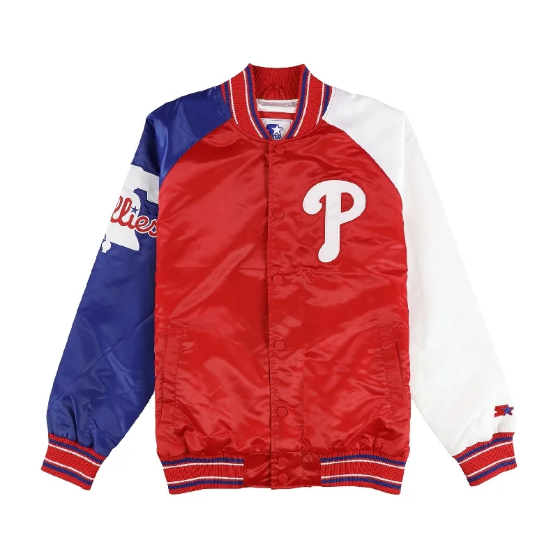 Men's hooded jackets-STARTER Mens Phillies Satin Varsity Jacket, Red, Large