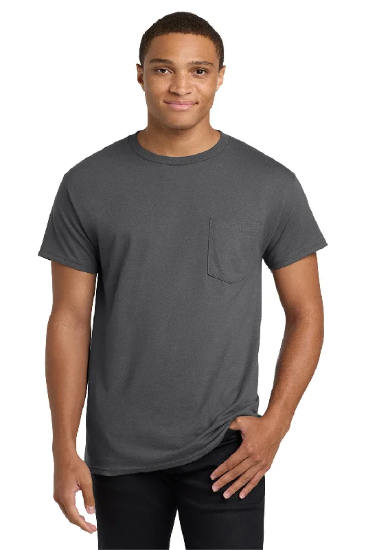 Men's short-sleeve warm stylish-full-odor-resistant shirt-Hanes Mens ComfortSoft Short Sleeve Crewneck T-Shirt w/ Pocket - Smoke Grey