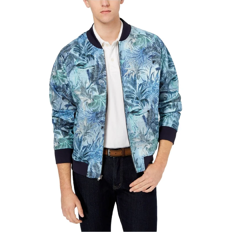 Men's lightweight bomber jackets-Tallia Mens Modern-Fit Tropical Print Bomber Jacket, Blue, Large