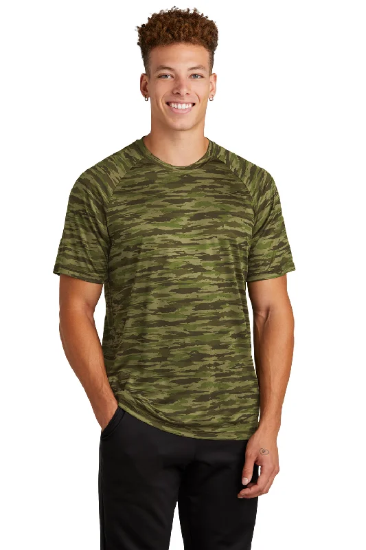 Men's short-sleeve urban warm-stylish-sleek-neutral-techno tee-Sport-Tek Mens Drift Camo Moisture Wicking Short Sleeve Crewneck T-Shirt - Olive Drab Green