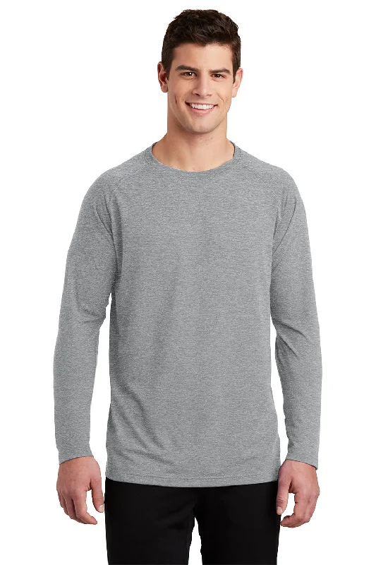 Men's short-sleeve modern vibrant-breakdance tee-Sport-Tek Mens Ultimate Performance Moisture Wicking Long Sleeve Crewneck T-Shirt - Heather Grey