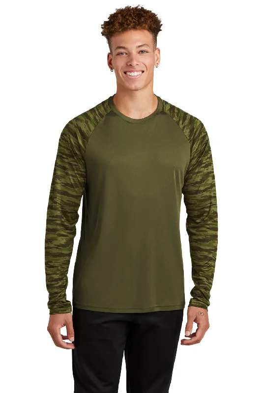 Men's short-sleeve classic muted-fresh-modern-vibrant-breakdance tee-Sport-Tek Mens Drift Camo Colorblock Moisture Wicking Long Sleeve Crewneck T-Shirt - Olive Drab Green