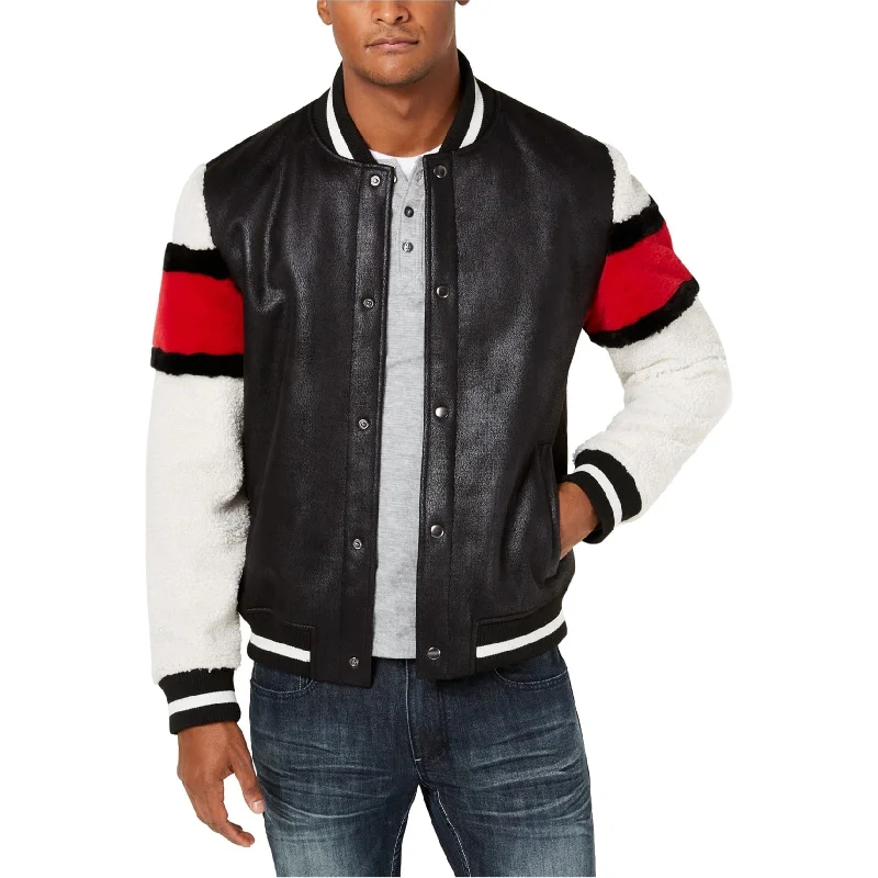 Men's softshell jackets-I-N-C Mens Striped Sleeve Varsity Jacket, Black, Small