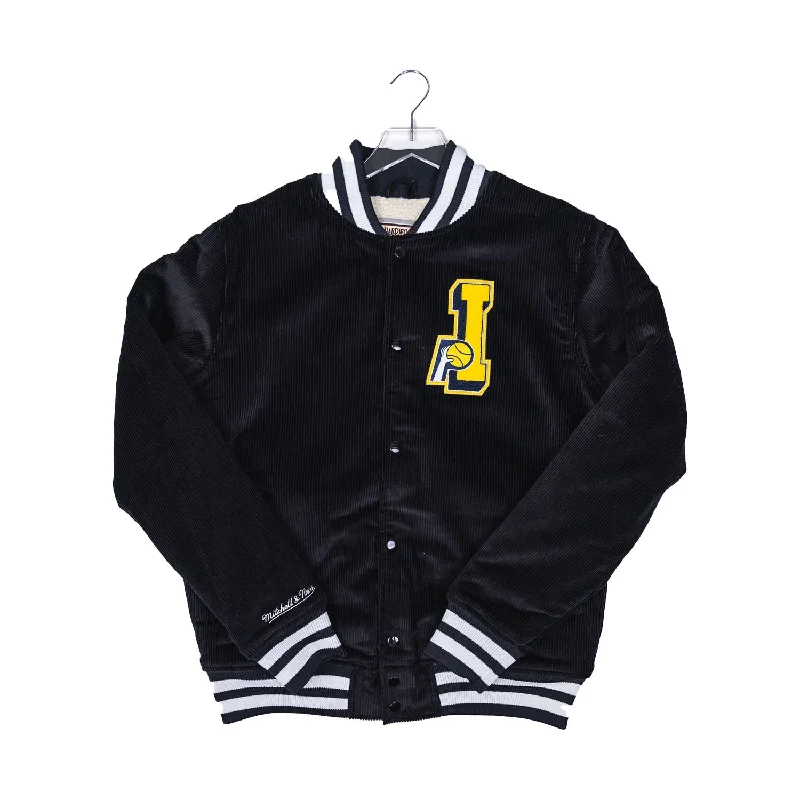 men's-hoodie-in-field-brown-Adult Indiana Pacers Collegiate Corduroy Varsity Jacket in Black by Mitchell and Ness