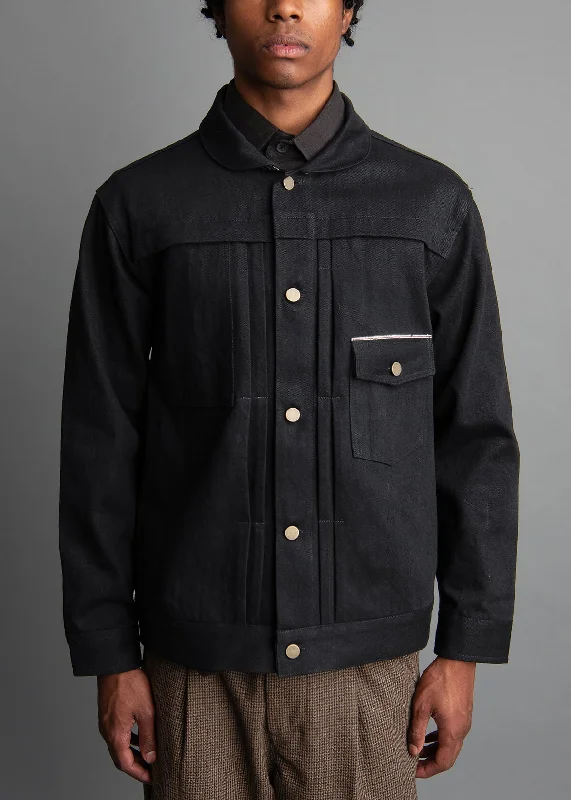 Men's insulated jackets-Black Selvedge Shawl Jacket