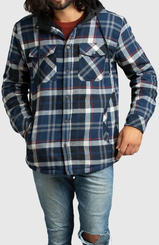 Men's designer jackets-Blue Hooded Flannel Shirt Jacket