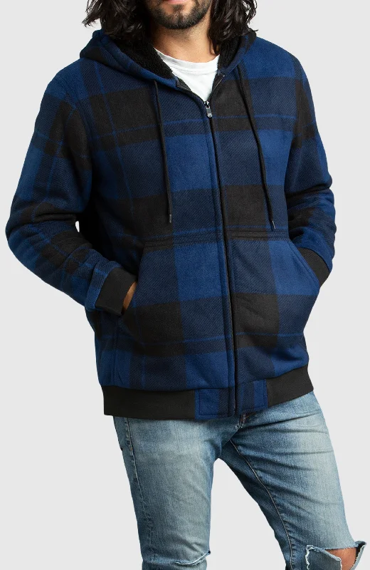 Men's parka jackets-Blue Polar Fleece Hooded Bomber Jacket