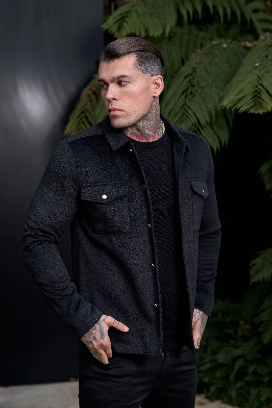 Men's long down jackets-FS Brushed Button Up Plain Jacket Black - FSN182 (PRE ORDER 15TH DECEMBER)