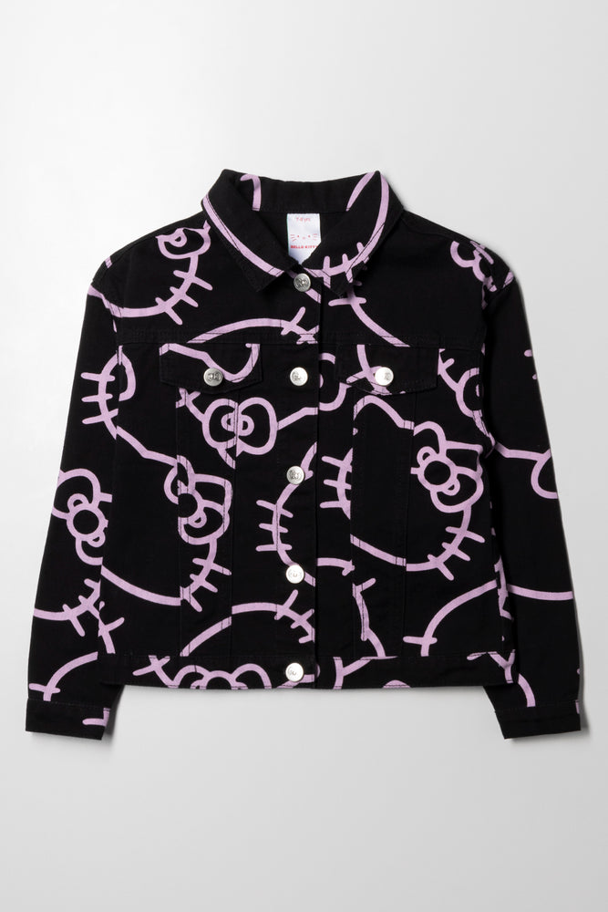 Men's windproof rain jackets-Hello Kitty Denim Jacket Black