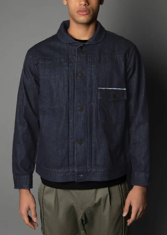 Men's long rain jackets-Indigo Selvedge Shawl Jacket