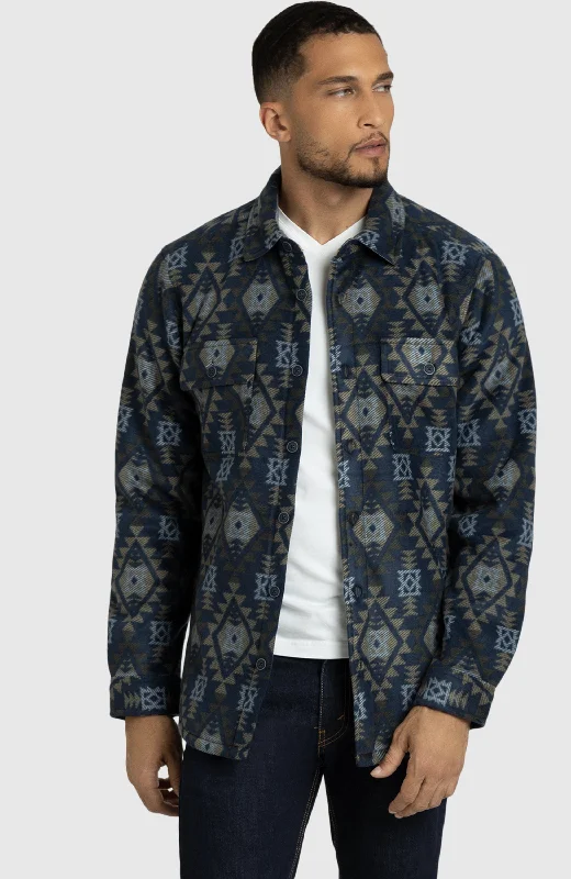 Men's wool jackets-Navy Aztec Polar Fleece Shirt Jacket