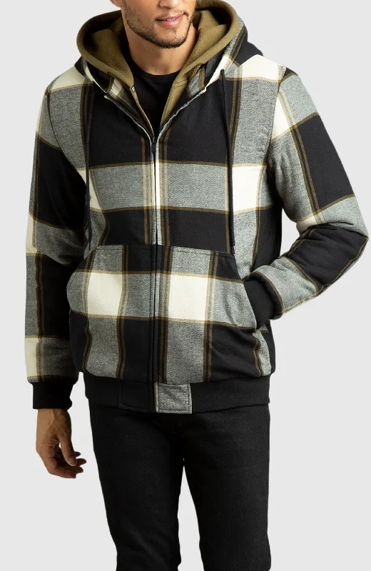 Men's black jackets-Oatmeal Hooded Flannel Bomber Jacket