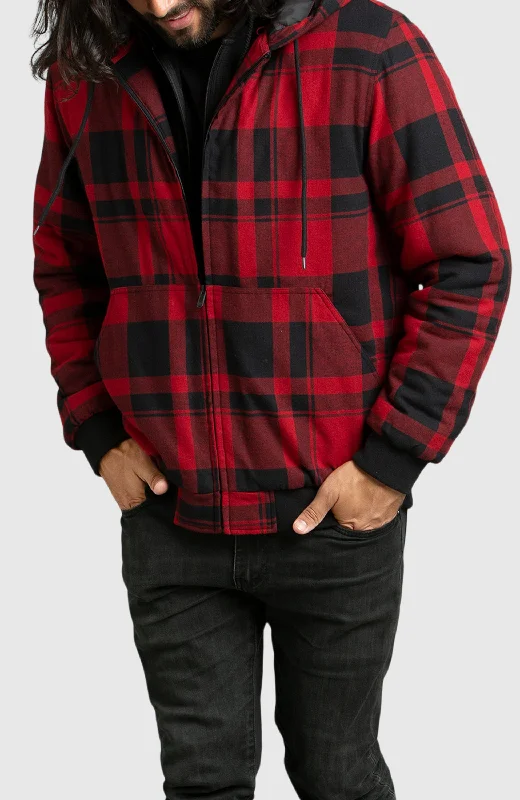 Men's quilted jackets-Red Hooded Flannel Bomber Jacket