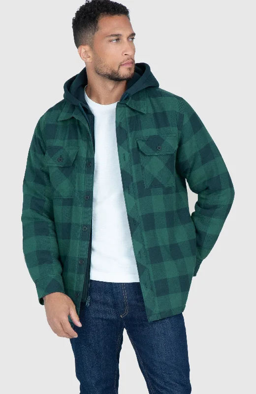 Men's stylish denim jackets-Sea Green Hooded Flannel Shirt Jacket