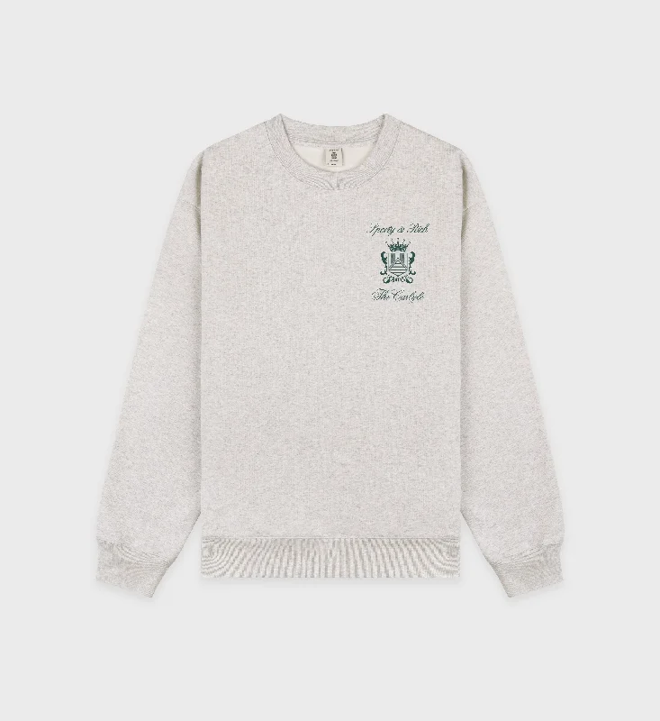 men's-hoodie-with-back-twist-The Carlyle Crest Crewneck - Heather Gray/Forest