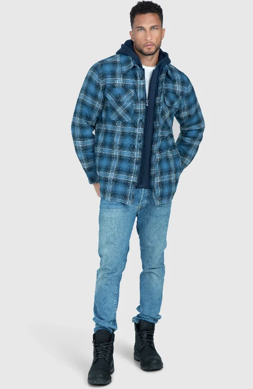 Men's light wash denim jackets-True Blue Hooded Flannel Shirt Jacket