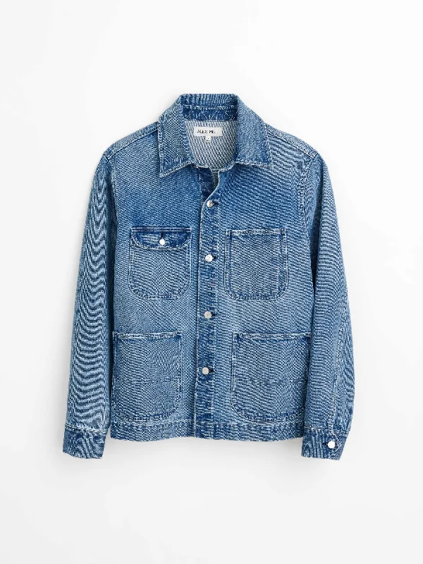 Men's stylish motorcycle jackets-Work Jacket in Vintage Wash Denim