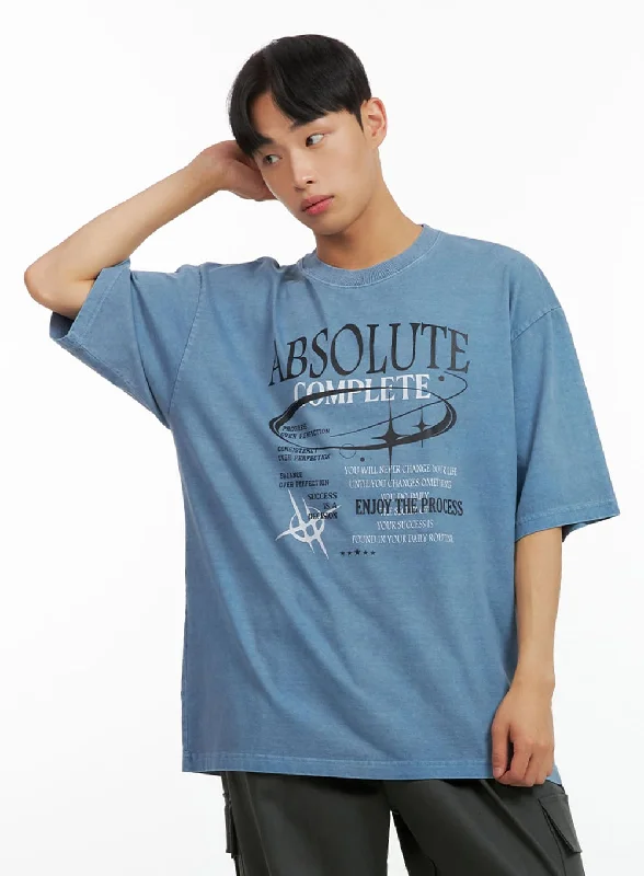 Men's short-sleeve tailored mosaic shirt-Men's Cotton Lettering Oversized Graphic Tee (Blue) IU414