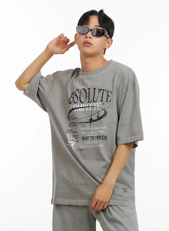 Men's short-sleeve stylish amethyst shirt-Men's Cotton Lettering Oversized Graphic Tee (Gray) IU414