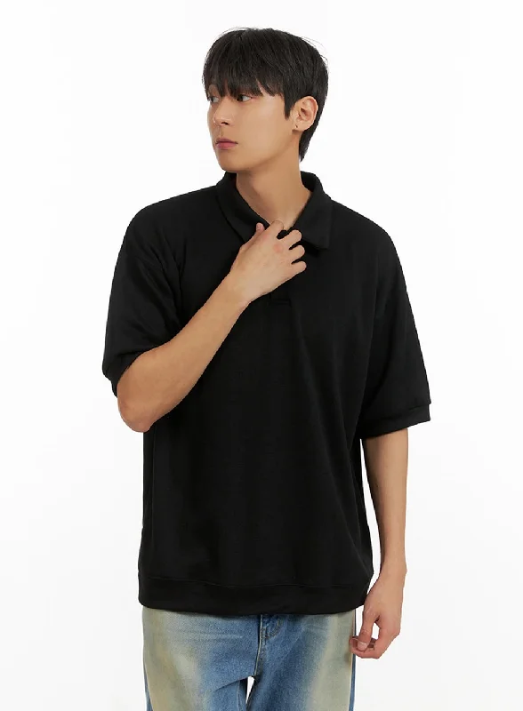 Men's short-sleeve modern orchid shirt-Men's Cotton Polo Top (Black) IU419