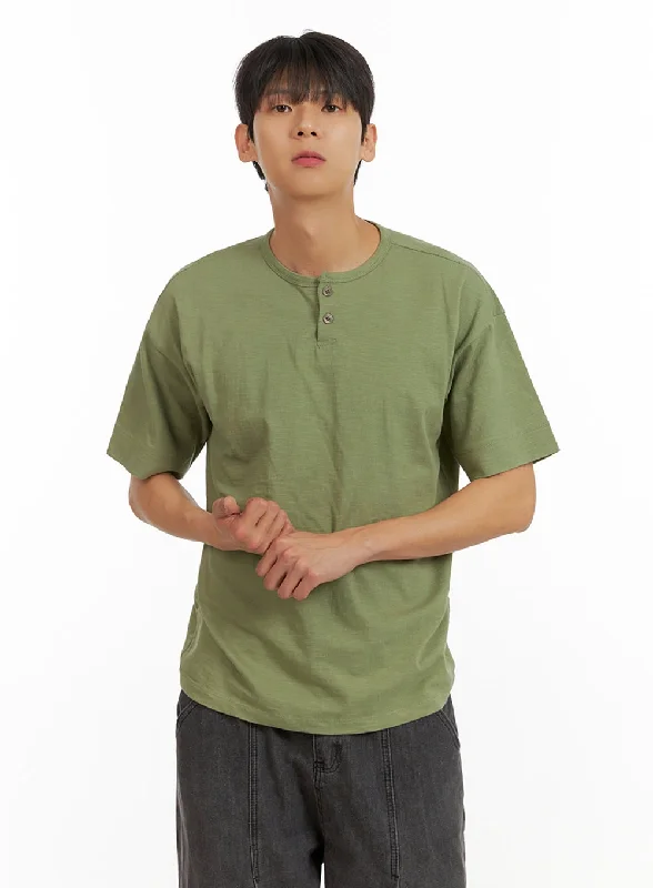 Men's short-sleeve tropical citron top-Men's Cotton Round Neck Button T-Shirt (Dark Green) IU418