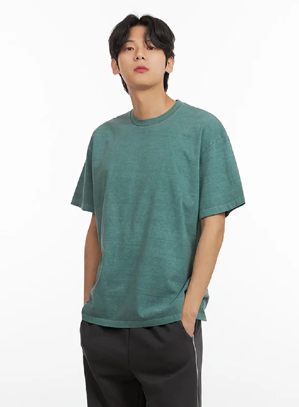 Men's short-sleeve soft airy-mesh top-Men's Cotton Washed Round Neck T-Shirt (Green) IU405