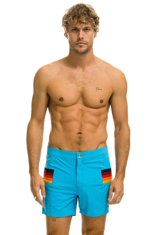 Men's short-sleeve vibrant tropical-retro-cool-free-ethnic top-MEN'S HORIZONTAL 5 STRIPE FLEX SHORTS - NEON BLUE