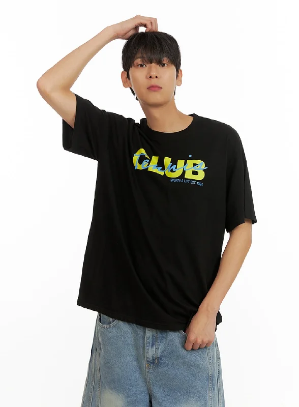 Men's short-sleeve warm topaz top-Men's Lettering Round Neck T-Shirt (Black) IU418