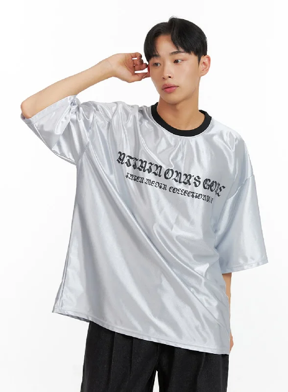 Men's short-sleeve flowing frayed top-Men's Metallic Lettering T-Shirt IU412