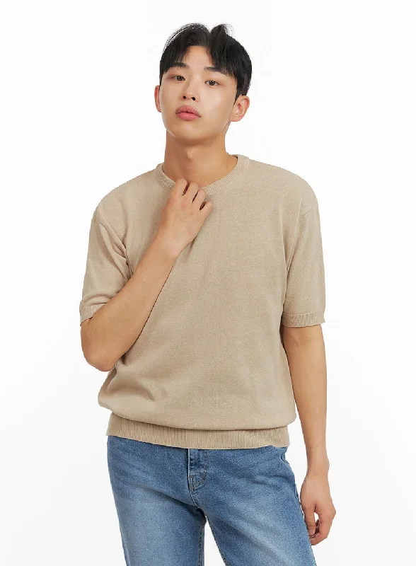 Men's short-sleeve snug tonal shirt-Men's Round Neck Knit T-Shirt IU412