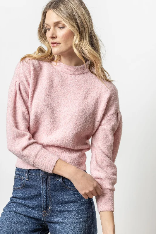 Pleated Sleeve Crewneck Sweater in Peony