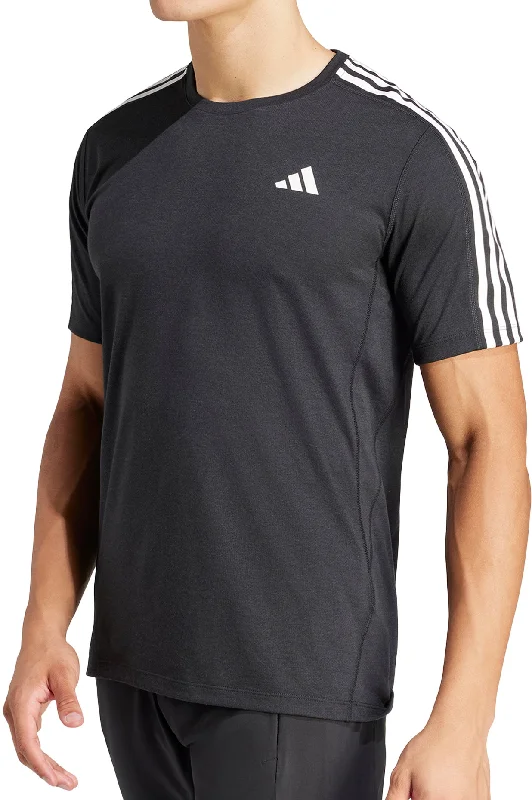 Men's short-sleeve smooth side-pocket top-adidas Own The Run 3 Stripes Short Sleeve Mens Running Top - Black