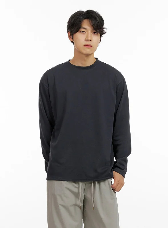 Men's short-sleeve cool free-ethnic top-Men's Loose Round Neck Long Sleeve (Dark Gray) IG409