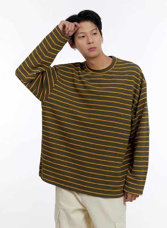 Men's short-sleeve sustainable reclaimed tee-Men's Striped Round Neck Long Sleeve T-Shirt IO428