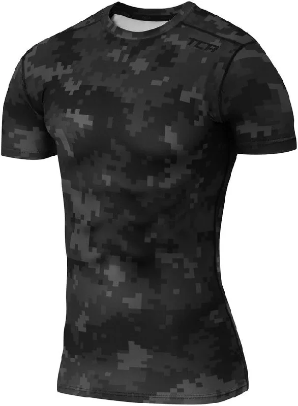 Men's short-sleeve vibrant tropical-retro-plush-mock-neck tee-TCA Pro Performance Camo Short Sleeve Mens Compression Top - Black