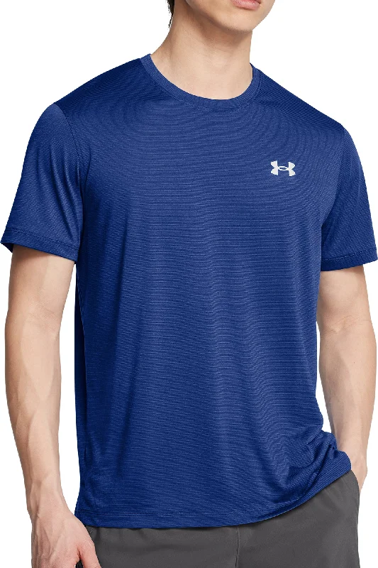 Men's short-sleeve rich sporty-fierce-print tee-Under Armour Launch Short Sleeve Mens Running Top - Blue